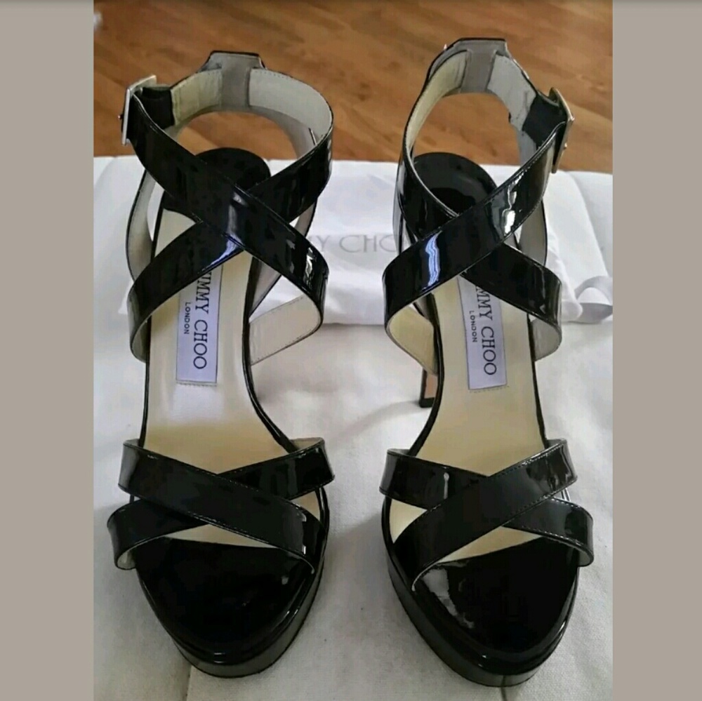 Jimmy Choo 8.5 Black Patent Leather Platform Heels Sandals Shoes